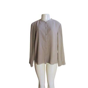 Due Per Due Taupe Sheer Lined 100% Silk Button Up Blouse Size 12